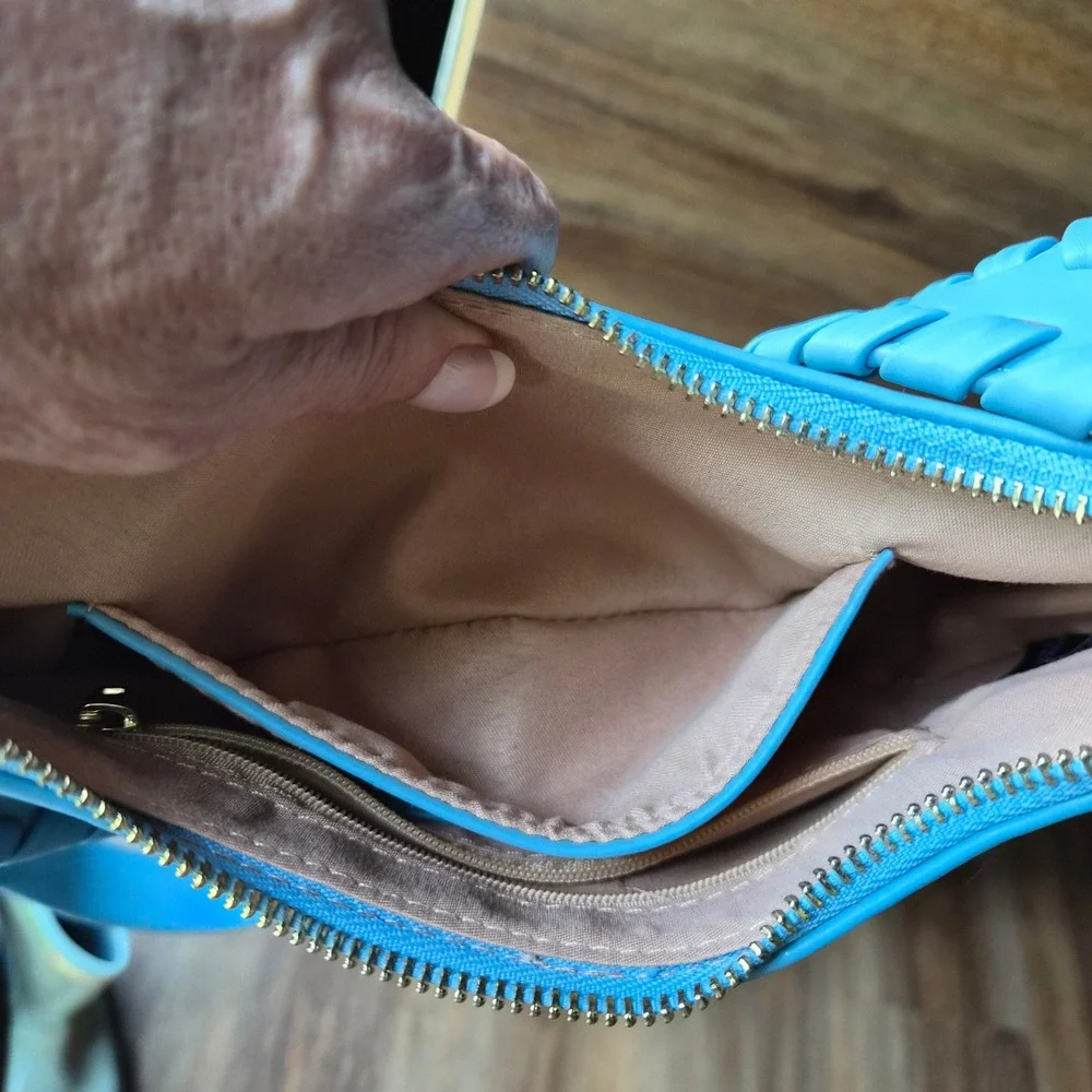 Jules‎ Kae Blue Vegan Leather Crescent Crossbody Bag Whipstitch Trim Gold PETA
